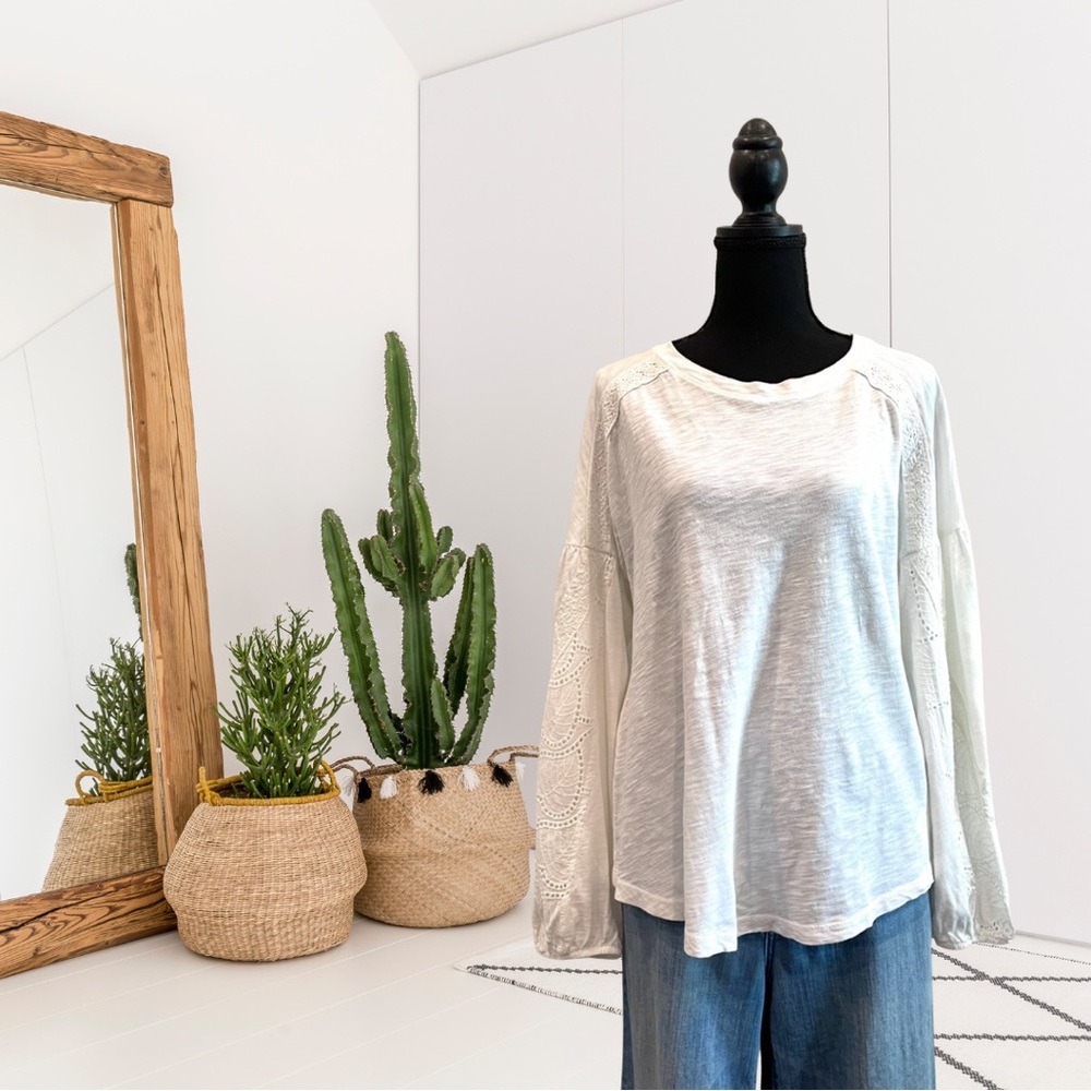 Eri + Ali Eyelet Lace Trim Long Sleeve Top